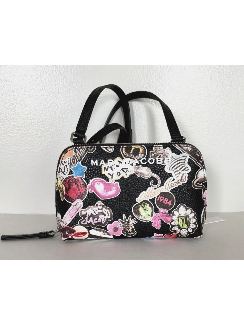 New Marc Jacobs Small Crossbody Pebble Leather Graphic Sticker Print Black Multi